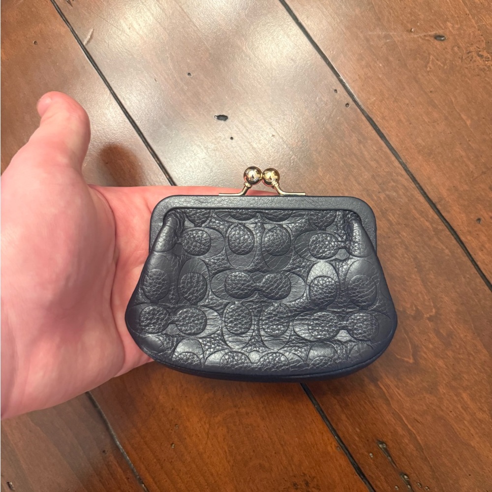 Coach dark navy Leather Kiss-Lock Coin Purse with Signature Monogram C pattern